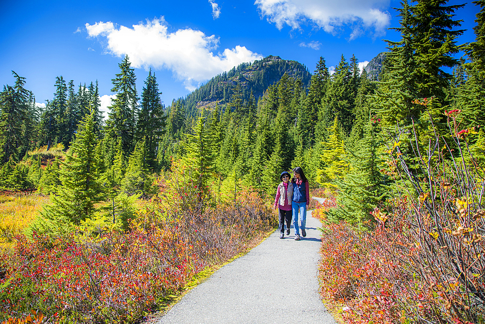 Older Japanese mother and daughter walking on nature path