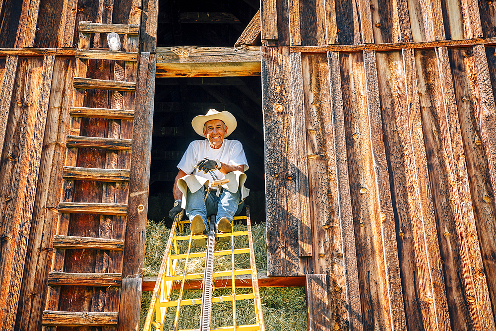 Portrait of smiling Caucasian farmer sitting on ladder in barn