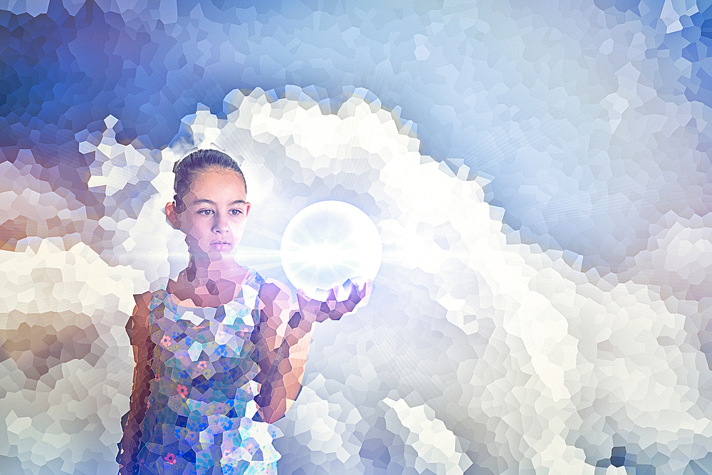 Pixelated Mixed Race girl holding glowing sphere