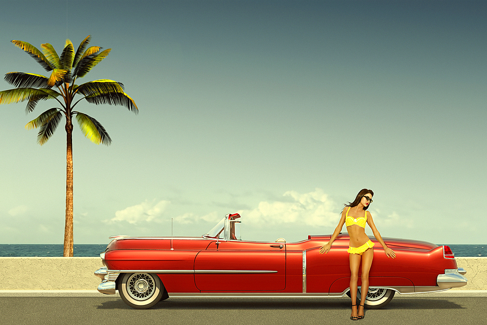 Caucasian woman leaning on old-fashioned convertible car at ocean