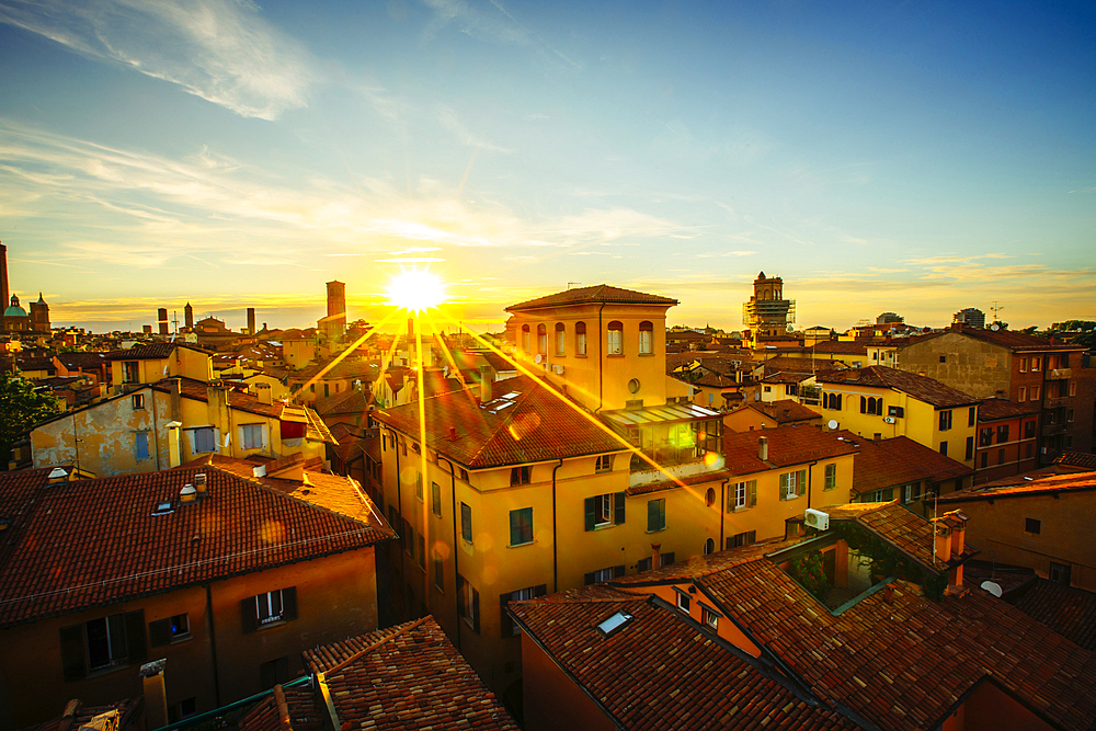 Sunset over rooftops, Bologna, Emilia-Romagna, Italy