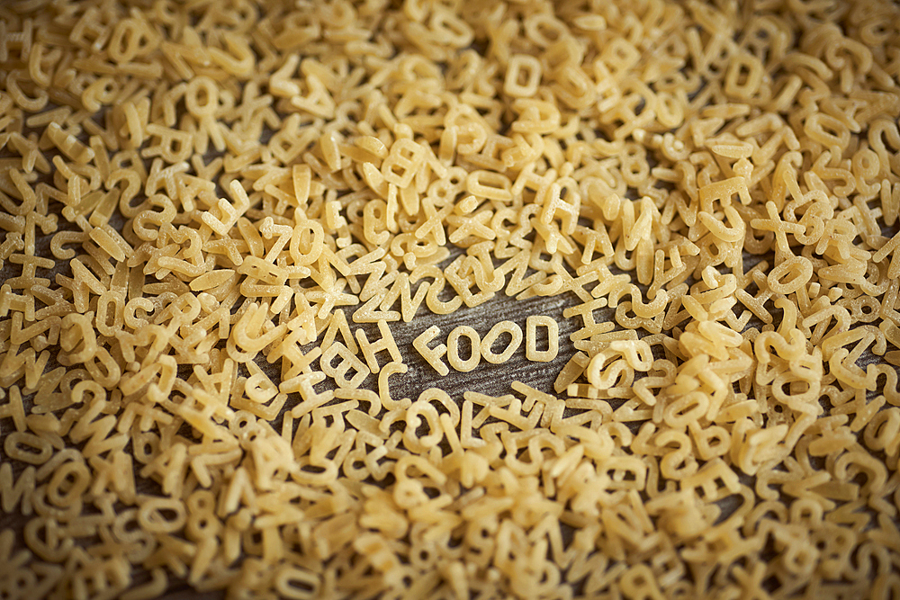 Alphabet noodles spelling food