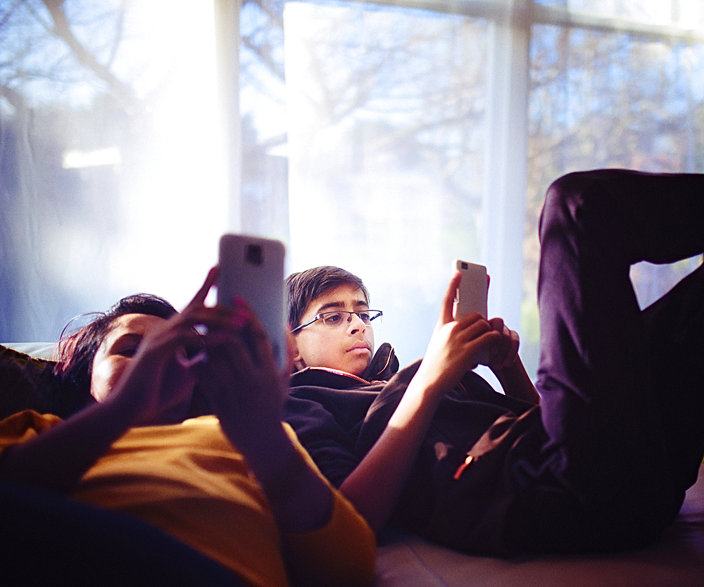 Mixed Race brother and sister texting on cell phones near window