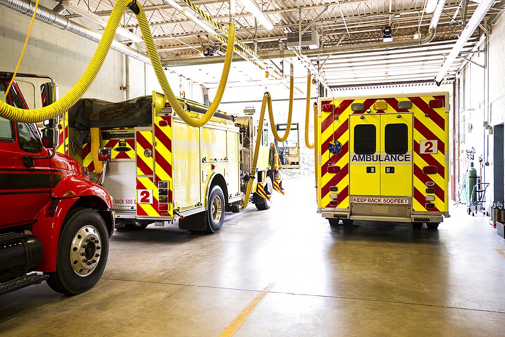 Fire trucks in fire station