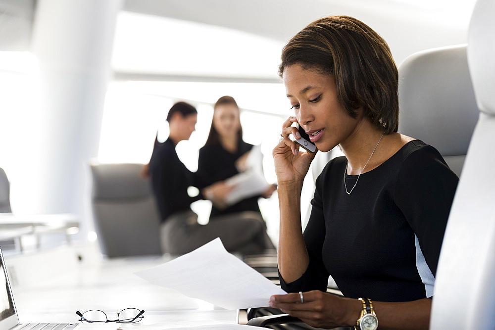 Businesswoman reading paperwork talking on cell phone