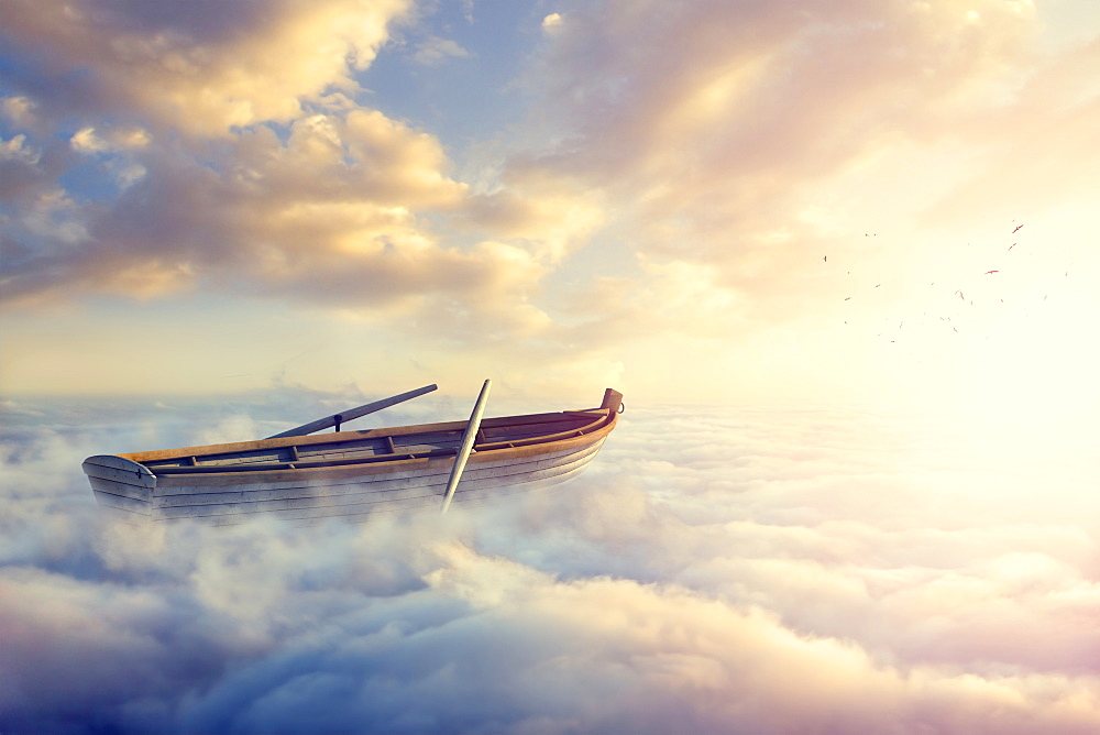 Empty rowboat above clouds