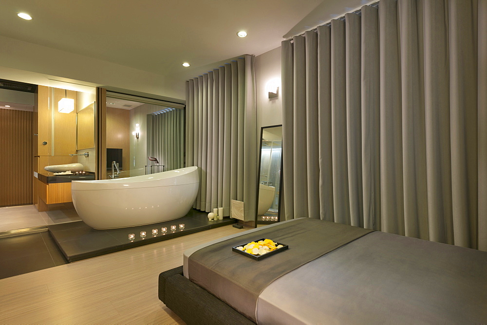 Master bedroom and bathroom in modern home