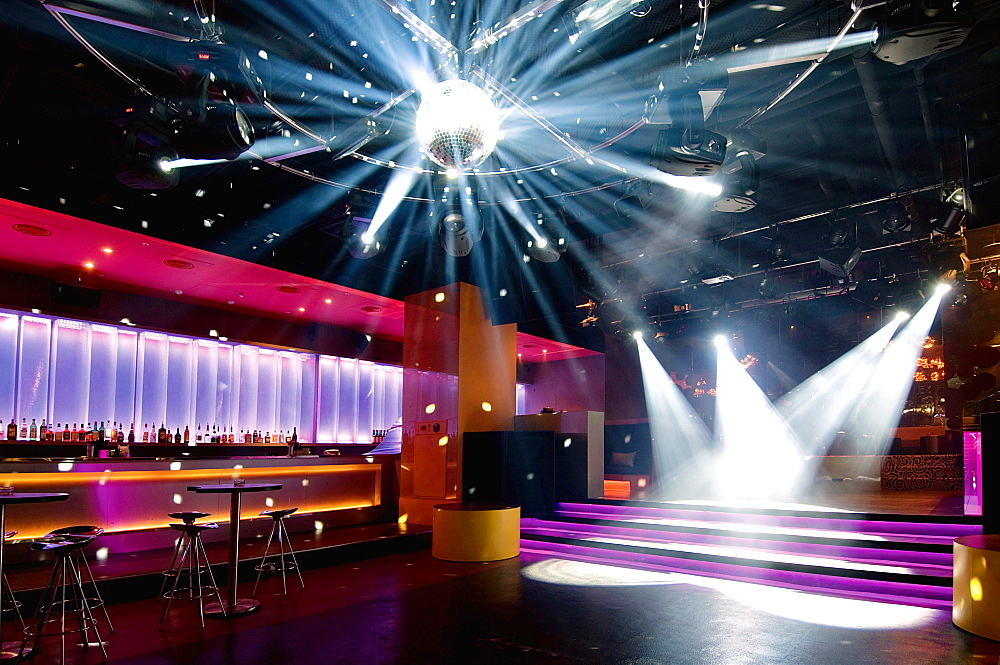 Dance floor with disco ball at nightclub