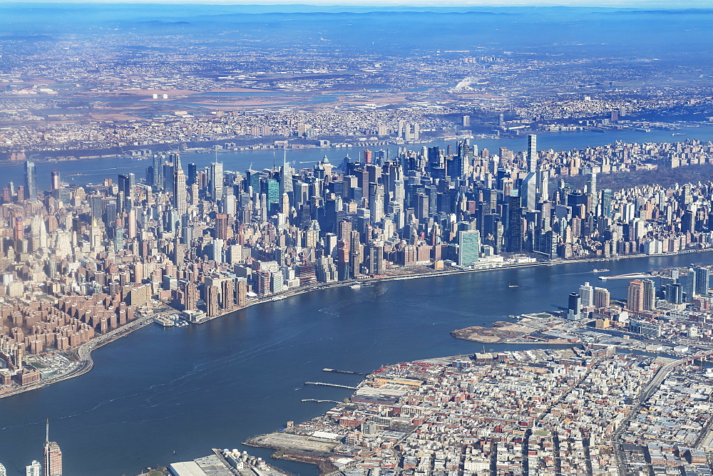 Aerial view of river and city, New York, New York, United States,