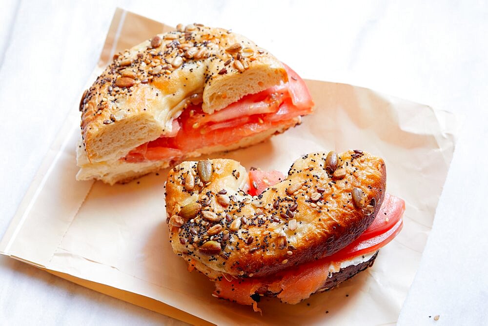 Studio shot of bagel with lox and cream cheese