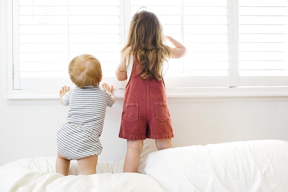 Rear view of brother (12-17 months) and sister (2-3) looking through window