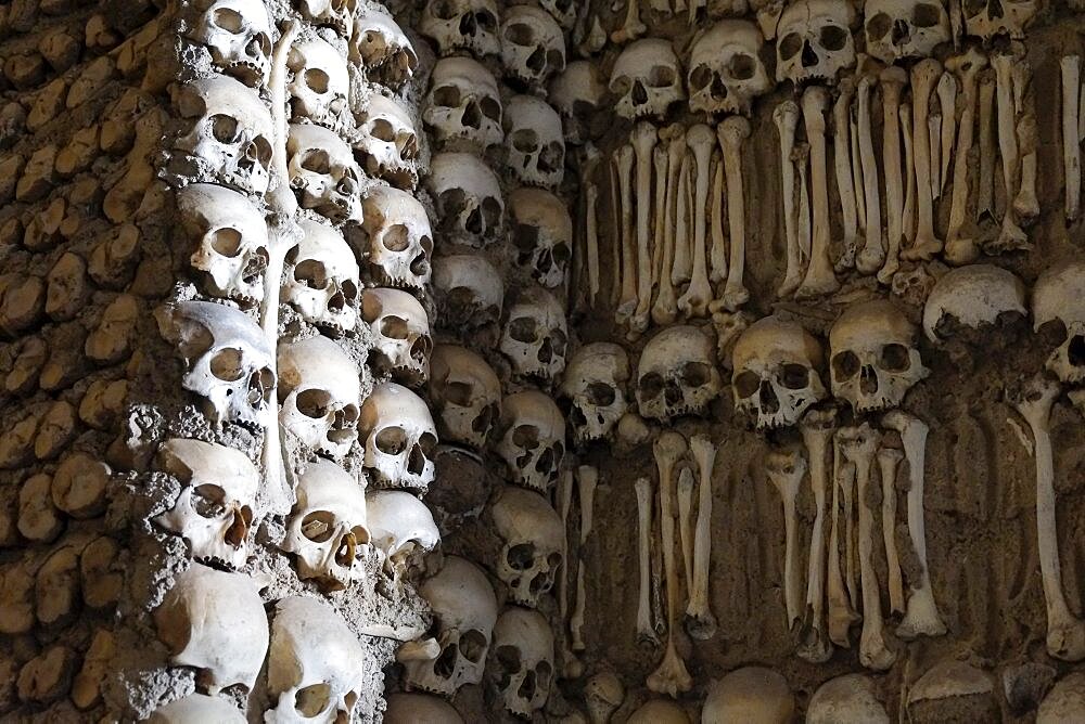 Portugal, Evora, Human bones decorating interior of Capela dos Ossos