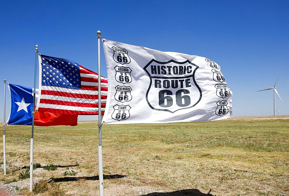 USA, Texas, Adrian, Section of Route 66 with three flags