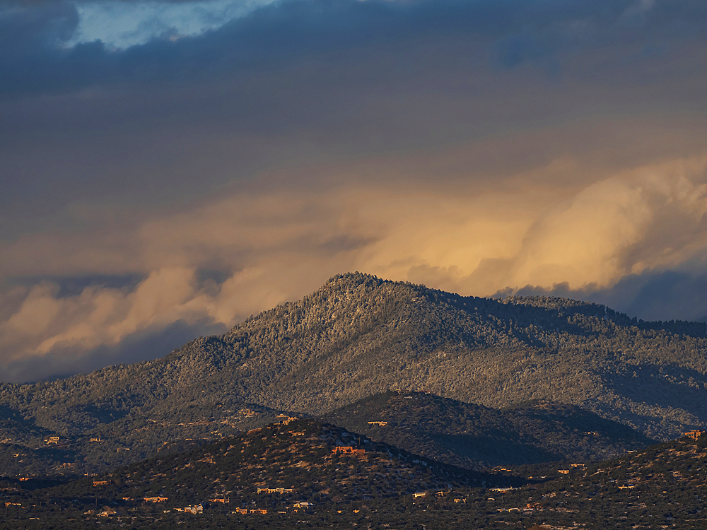 United States, New Mexico, Santa Fe, Light snow on Sangre se Cristo Mountains