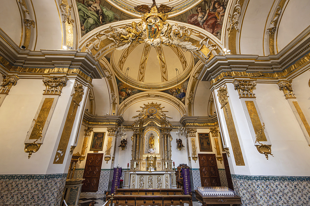 Spain, Valencia, Low angle view of ornate interior of Co-cathedral of Saint Nicholas of Bari