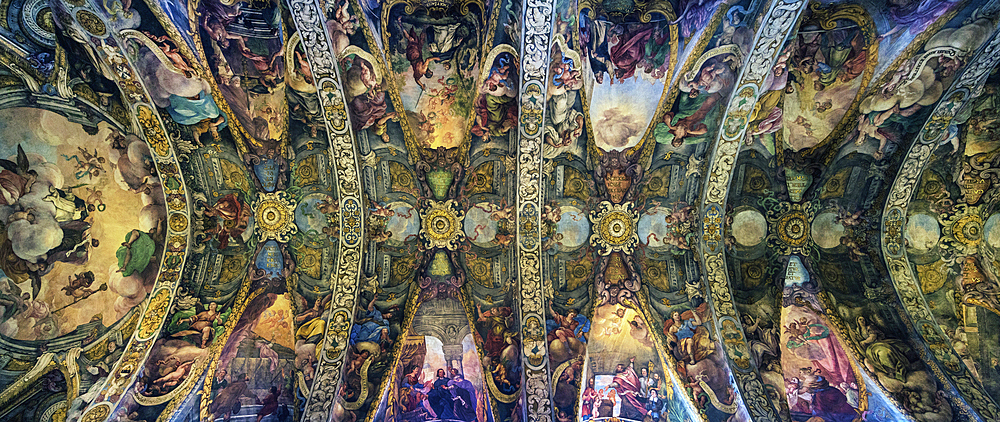 Spain, Valencia, Low angle view of frescos on ceiling in Co-cathedral of Saint Nicholas of Bari