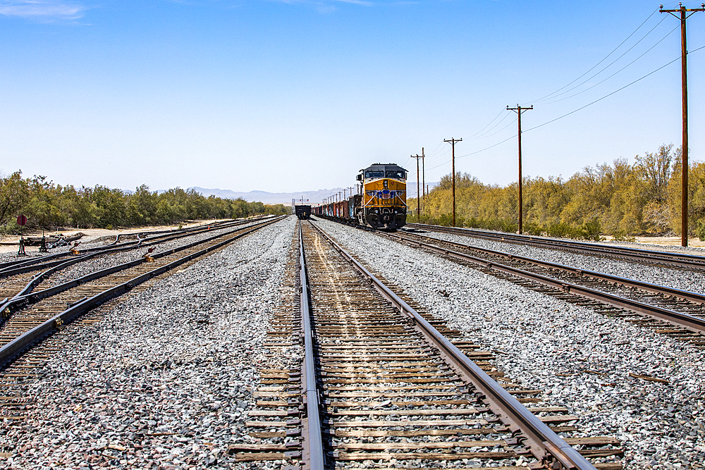 USA, California, Barstow, Kelso Depot, Railroad tracks in desolate Mojave National Reserve