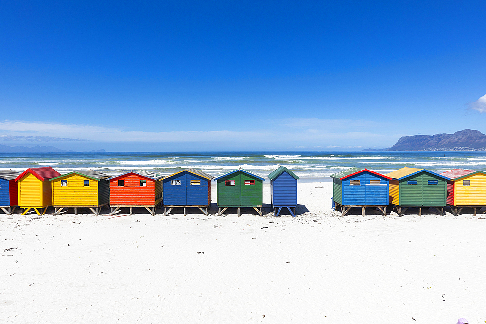 South Africa, Muizenberg, Row of colorful beach huts on Muizenberg Beach