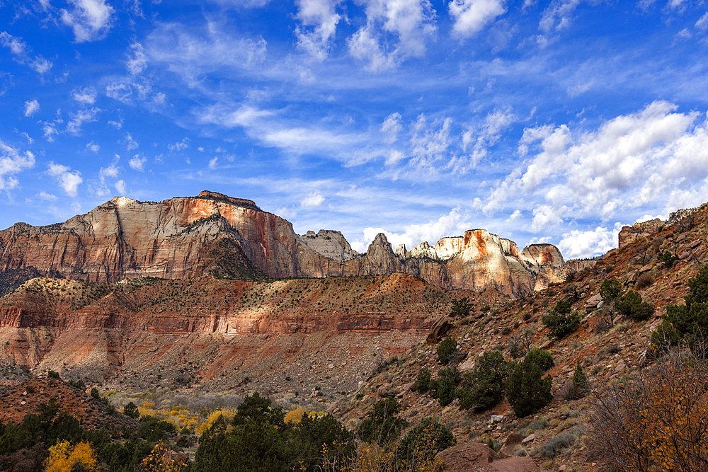 Puffy clouds over rock formations in Zion National Park