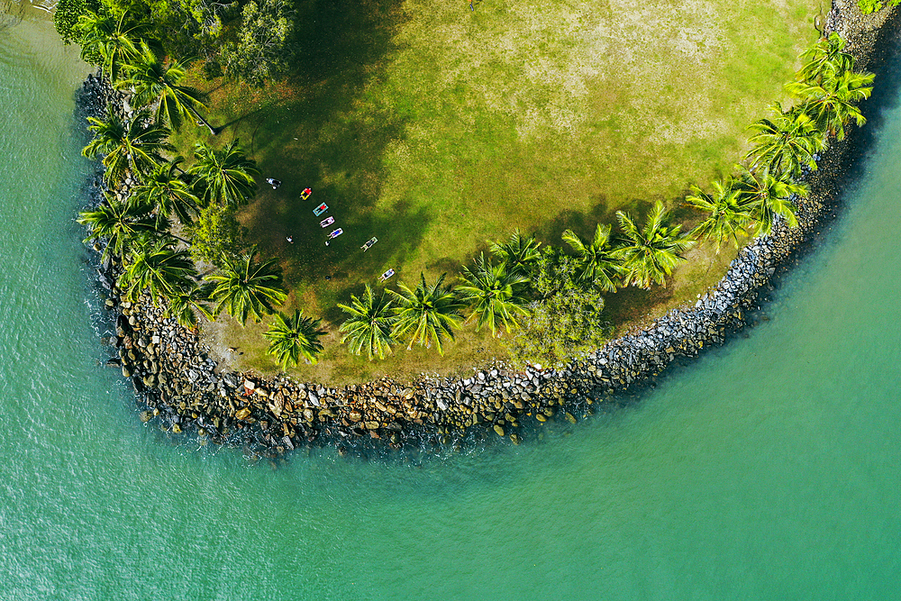 Drone view of tropical island and turquoise sea
