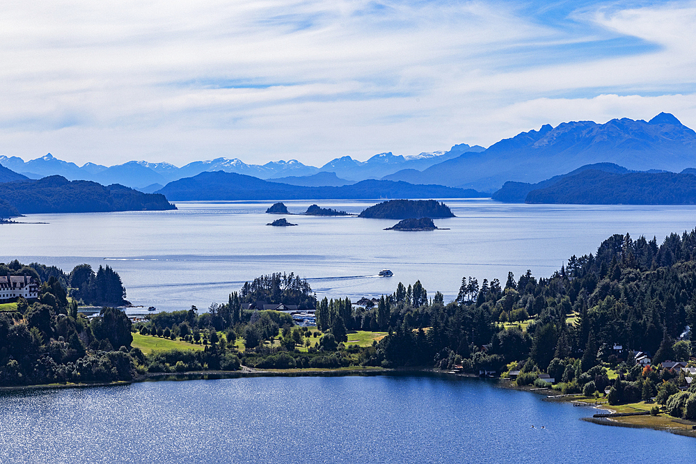 High angle view of mountain lakes and forests on summer day