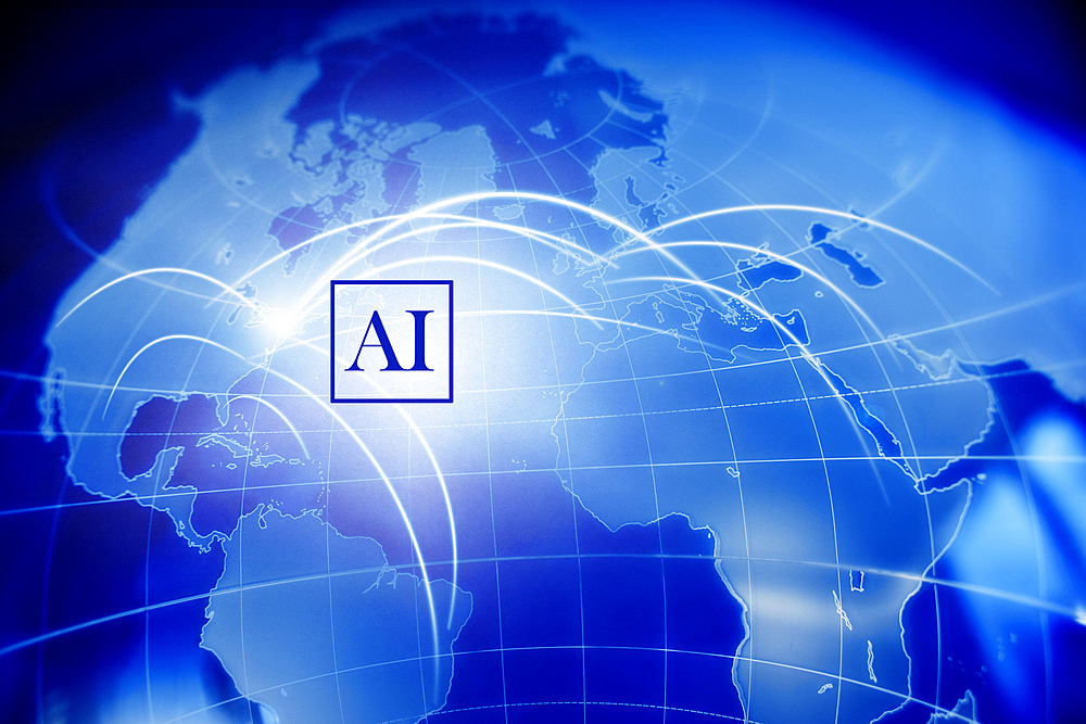 Digitally generated image of blue globe with AI sign
