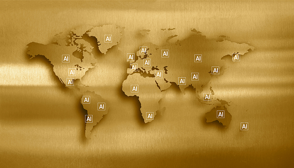Digitally generated image of AI signs on world map
