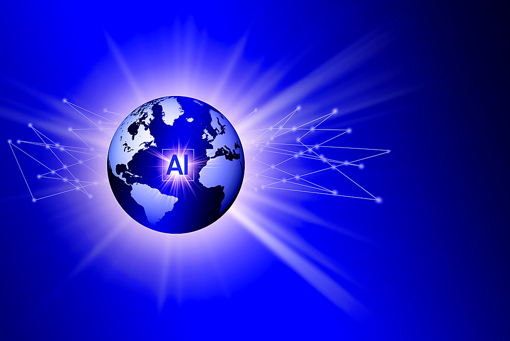 Digitally generated image of blue globe with AI sign