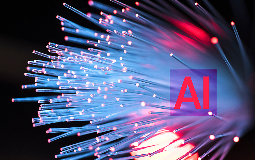 Digitally generated image of fibre optics with AI sign