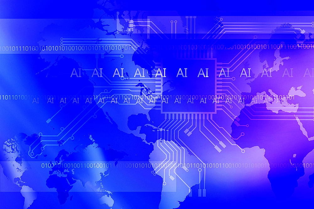 "AI" letters and binary numbers superimposed over computer board and world map