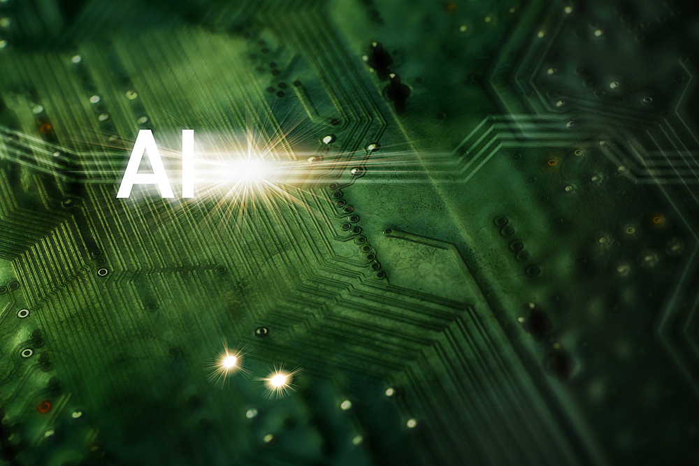 "AI" symbol and star burst superimposed over green computer board