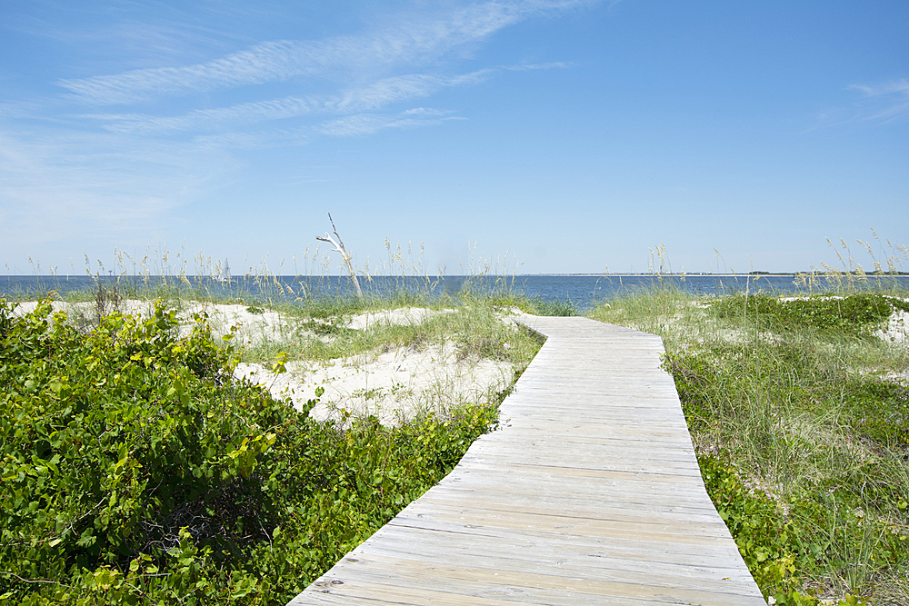 Empty boardwalk on beach at Bald Head Island
