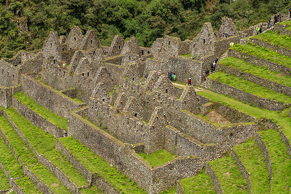 High angle view of terraced ruins and hillsides of Machu Picchu