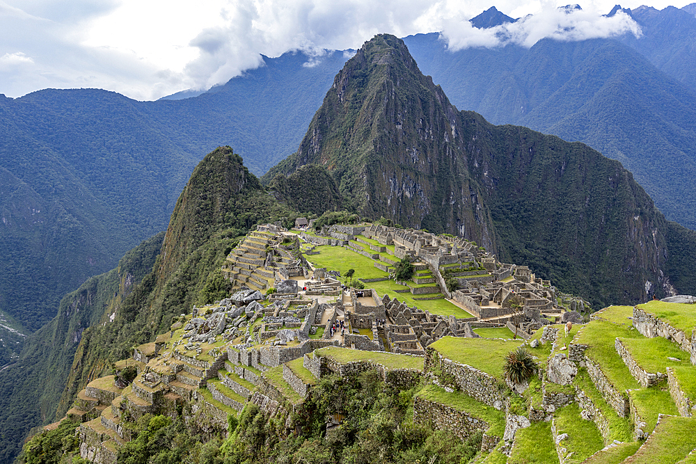 High angle view of Machu Picchu Inca ruins and mountains