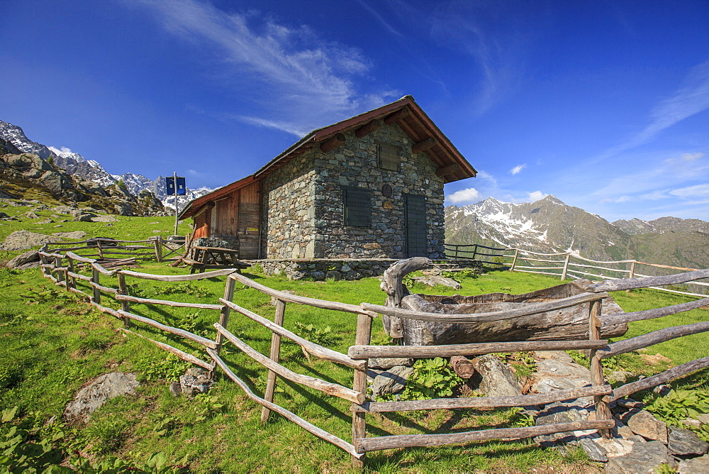 Green meadows and mountain hut on a summer sunny day, Orobie Alps, Arigna Valley, Sondrio, Valtellina, Lombardy, Italy, Europe