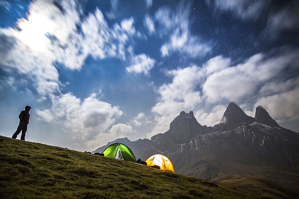 Camping at the foot of the Aiguilles d'Arves in the Arvan Valley, Delfinato Group, Rhones-Alpes, France, Europe