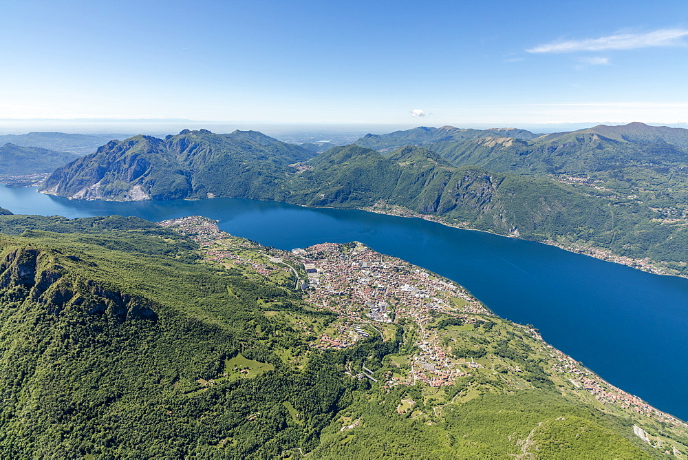 Aerial view of the villages Mandello del Lario and Abbadia Lariana overlooking Lake Como, Lecco Province, Italian Lakes, Lombardy, Italy, Europe