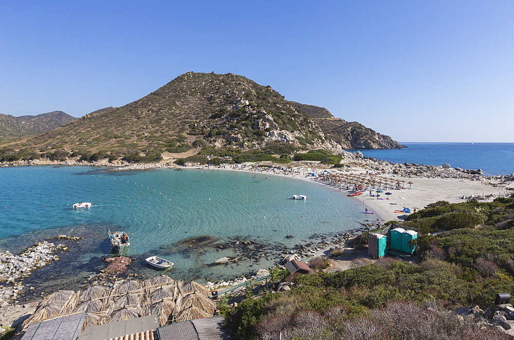 Top view of the bay with turquoise sea and the sandy beach, Punta Molentis, Villasimius, Cagliari, Sardinia, Italy, Mediterranean, Europe