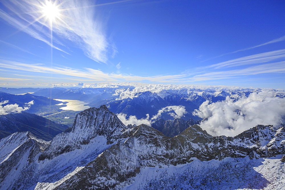 Aerial view of Sasso Manduino and Lake Como in the background, Val Dei Ratti, Chiavenna Valley, Valtellina, Lombardy, Italy, Europe