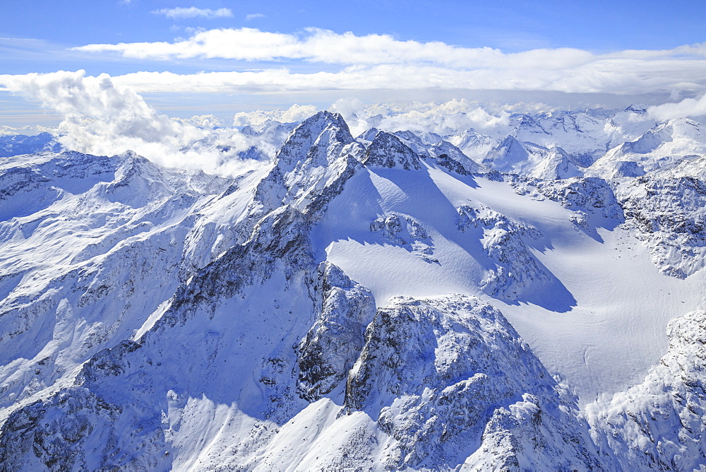 Aerial view of Peak Ferra and Peaks Piani covered with snow, Spluga Valley, Chiavenna, Valtellina, Lombardy, Italy, Europe