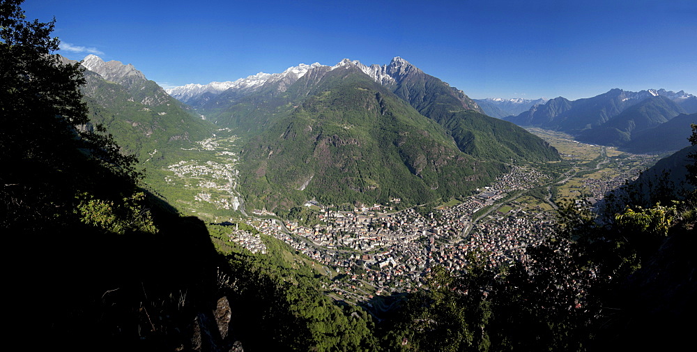 Panoramic view of Chiavenna Valley and Bregaglia, Valtellina, Lombardy, Italy, Europe