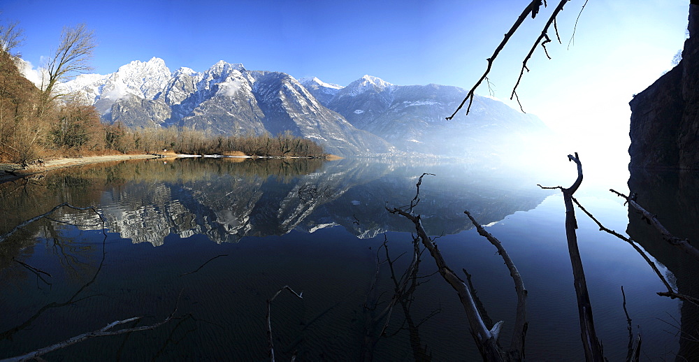 Panoramic view of Lake Mezzola in the fall, Chiavenna Valley, Valtellina, Lombardy, Italy, Europe