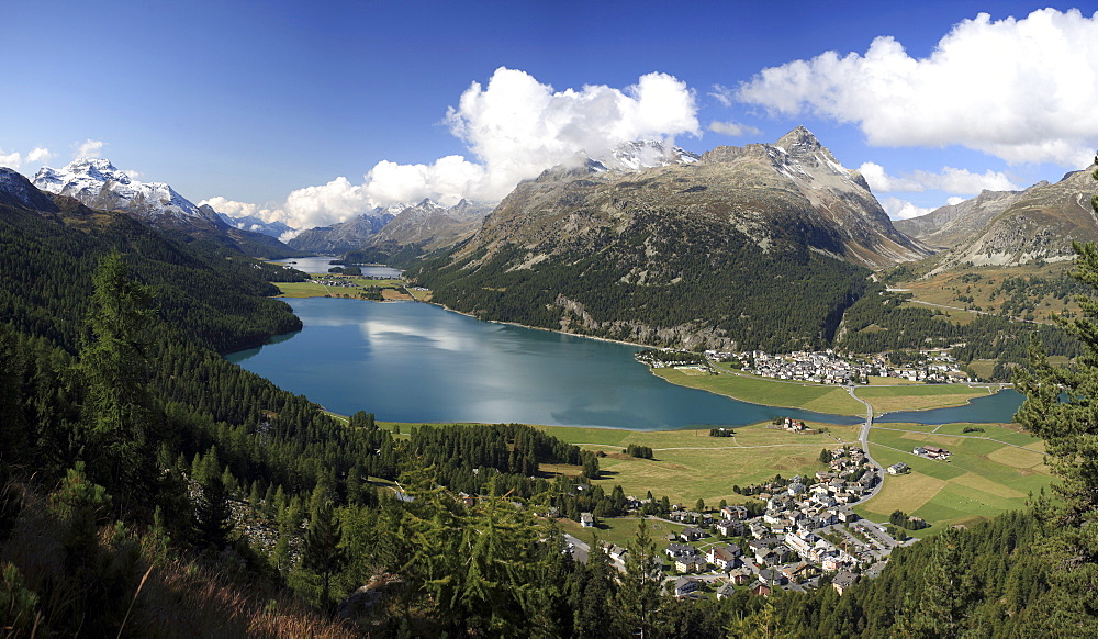 Panoramic view of Lakes Silvaplana and Surley, Julier Pass, Engadine, Canton of Graubunden, Switzerland, Europe