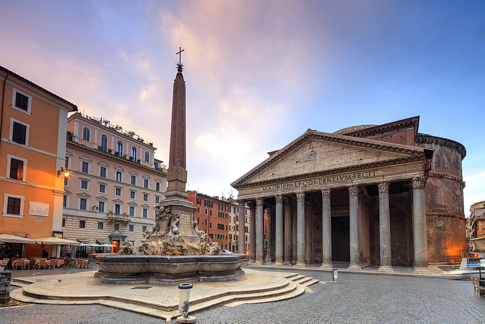 View of old Pantheon, a circular building with a portico of granite Corinthian columns and fountains, UNESCO World Heritage Site, Rome, Lazio, Italy, Europe