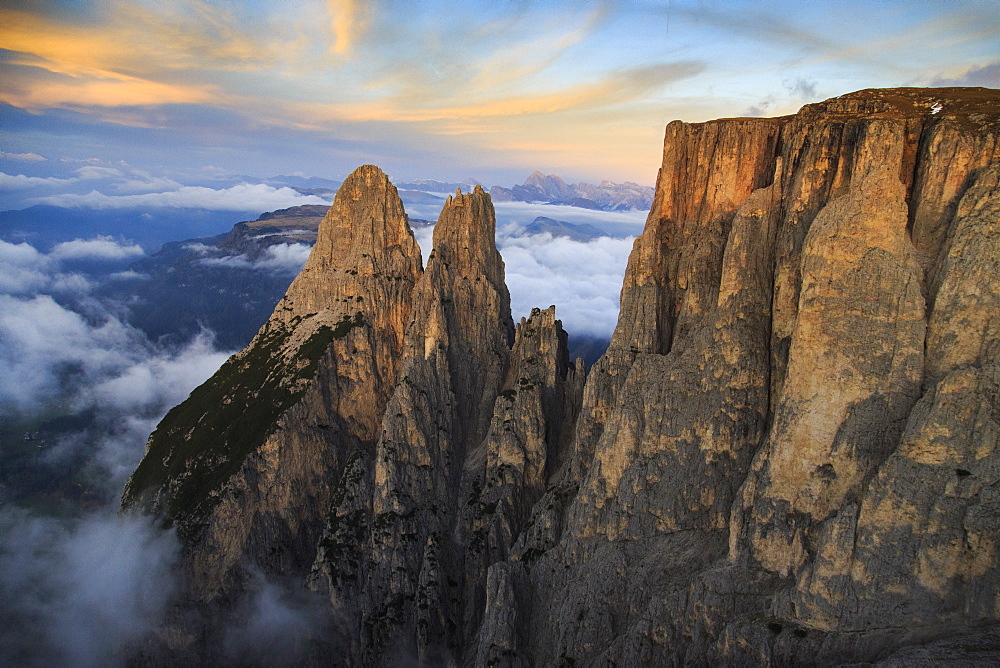 The Sciliar, unique for its distincitive pinnacles, the Santner and Euringer peaks, South Tyrol, Italy, Europe