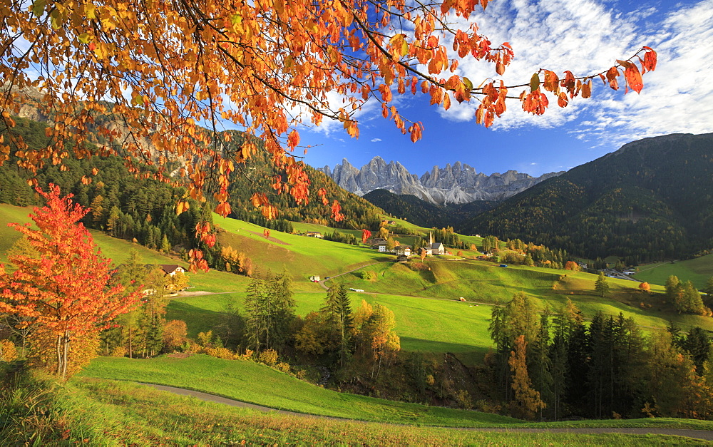 Beautiful landscape of the Val di Funes where the main landmark is the Odle/Geisler Dolomite Massif, South Tyrol, Italy, Europe