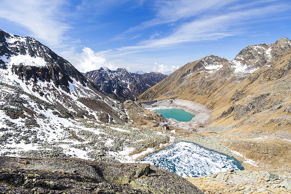 View of Lago Rotondo during thaw and Lake Baitone, Val Malga, Adamello Regional Park, Province of Brescia, Lombardy, Italy, Europe