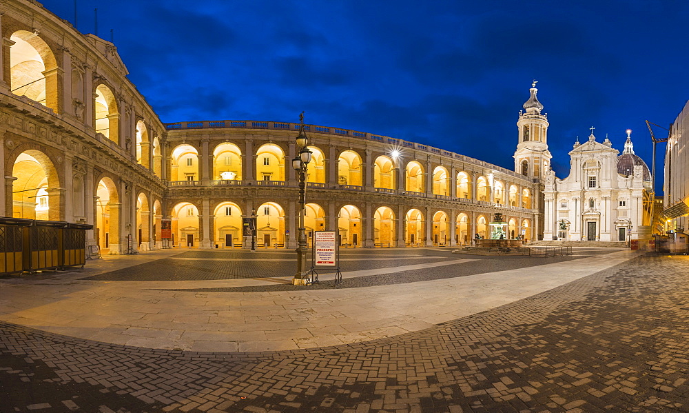 Night view of the ancient and holy Basilica of the Holy House framed by arcades, Loreto, Province of Ancona, Marche, Italy, Europe