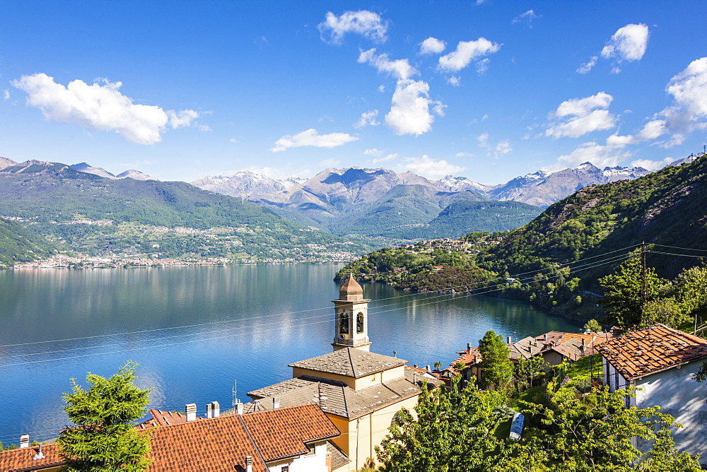 View of the bell tower and village of Dorio, Lake Como, Province of Lecco, Italian Lakes, Lombardy, Italy, Europe