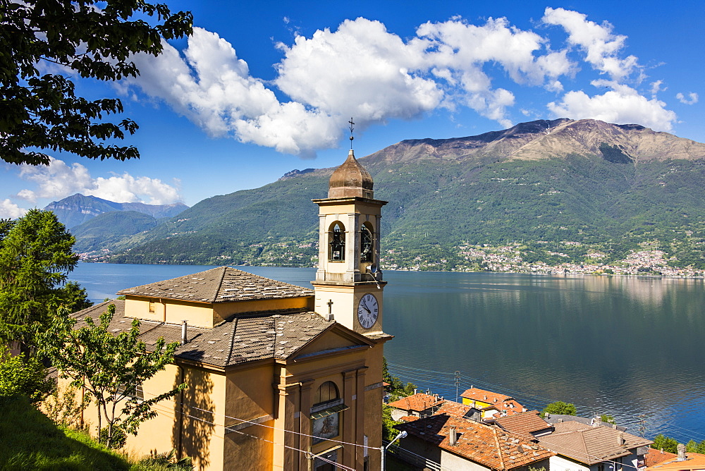 View of the bell tower and village of Dorio, Lake Como, Province of Lecco, Italian Lakes, Lombardy, Italy, Europe